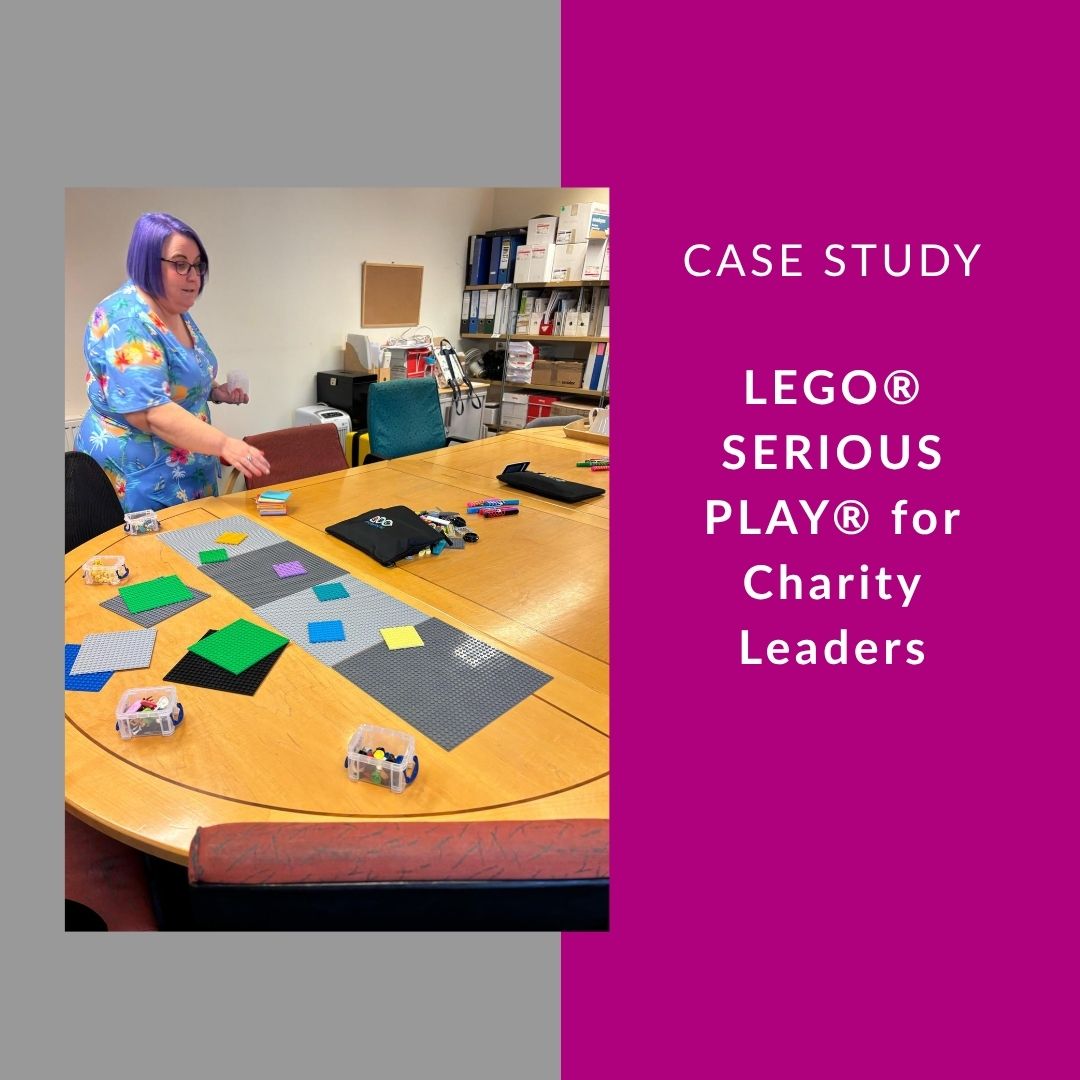 LSP Photo of Alison Cassidy with a table of lego and the text: Case Study: Lego Serious Play for Charity Leaders on a pink background.