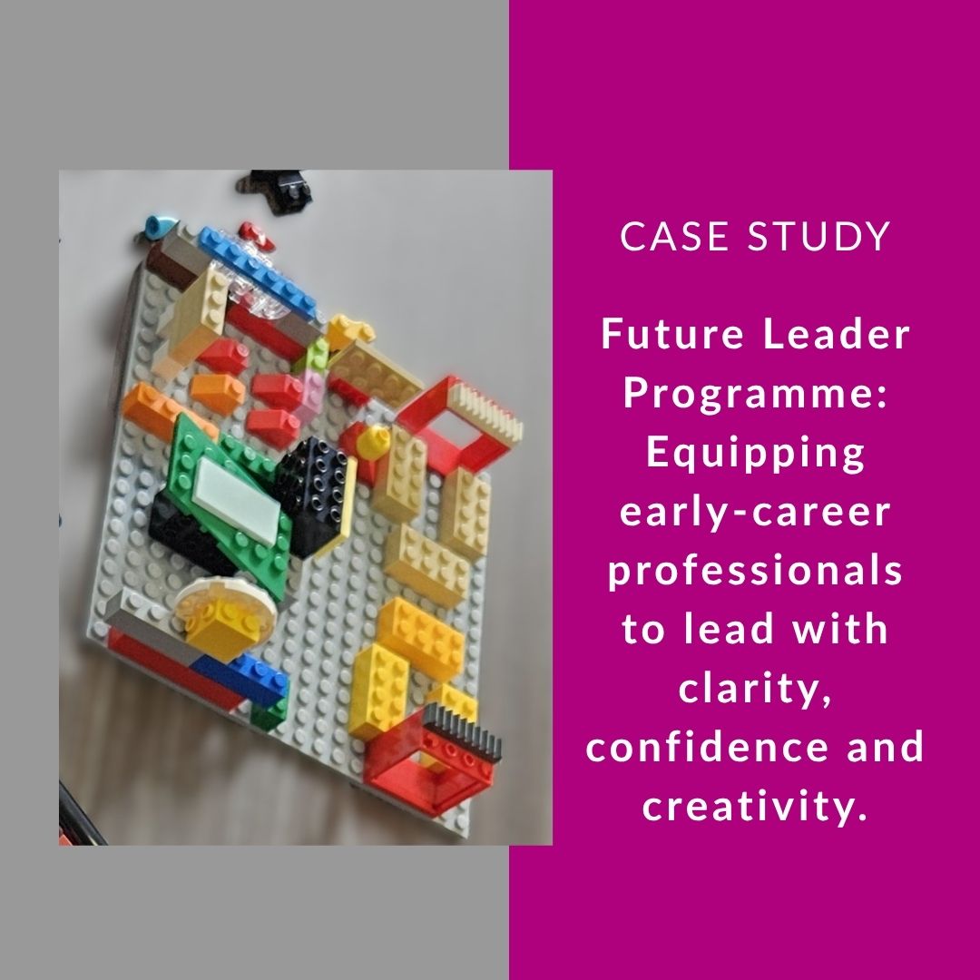 Photo of Alison Cassidy with a table of lego and the text: Case Study: Lego Serious Play for Charity Leaders on a pink background. 